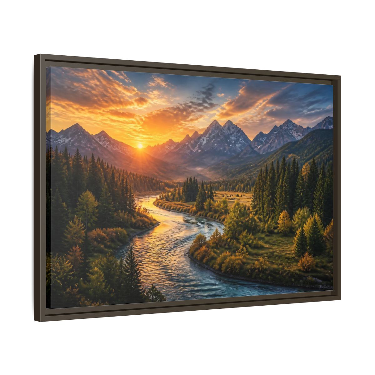 Side Mockup 11. Golden River At Sunrise shown as framed canvas print
