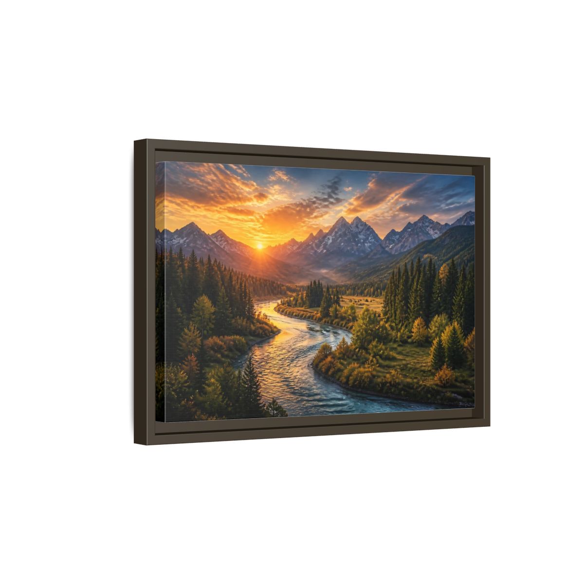 Side Mockup 5. Golden River At Sunrise shown as framed canvas print
