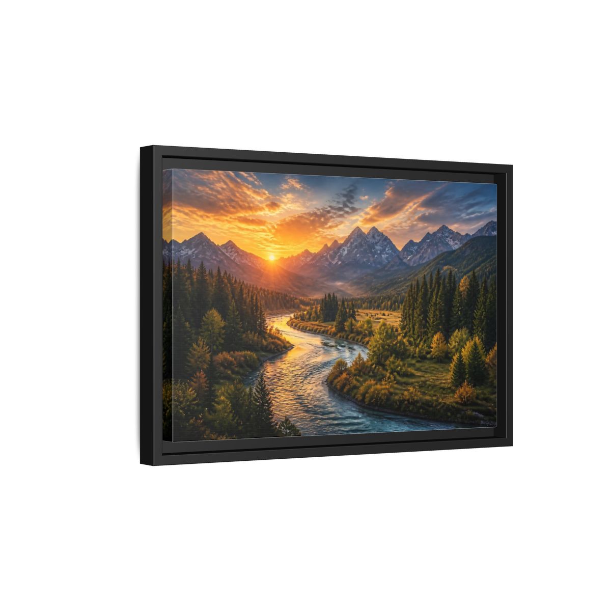 Side Mockup 6. Golden River At Sunrise shown as framed canvas print