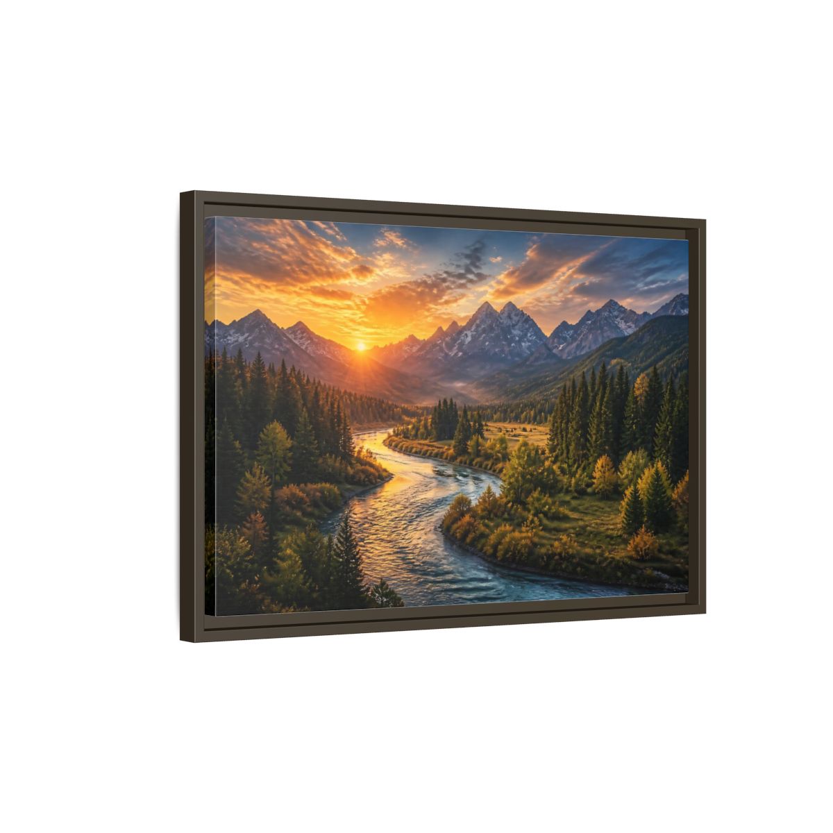 Side Mockup 2. Golden River At Sunrise shown as framed canvas print