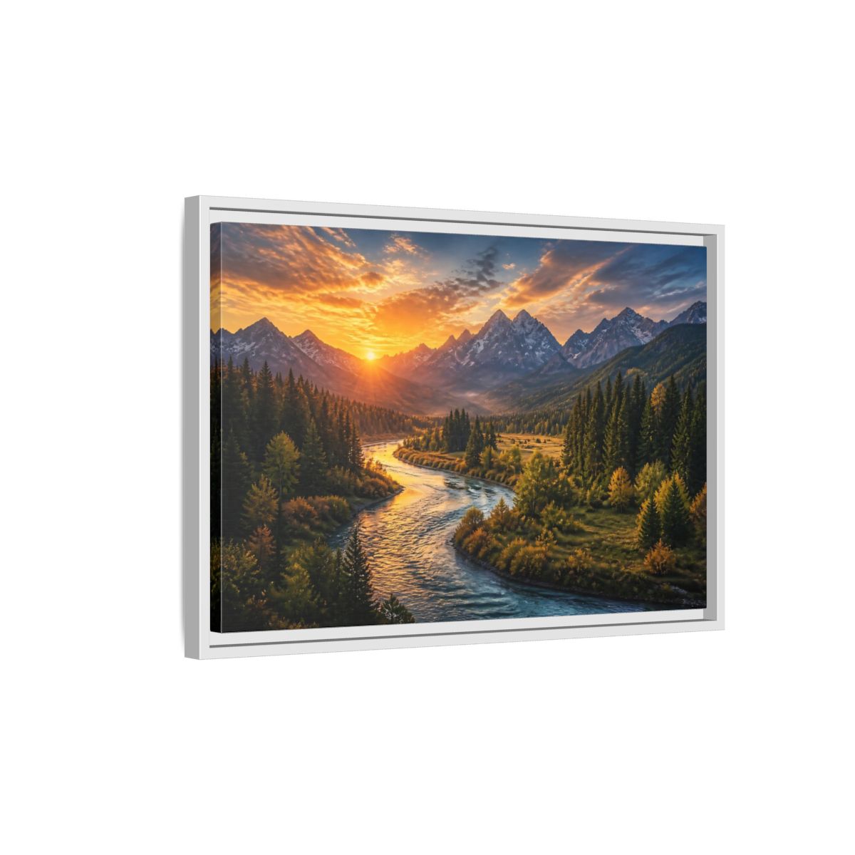 Side Mockup 1. Golden River At Sunrise shown as framed canvas print