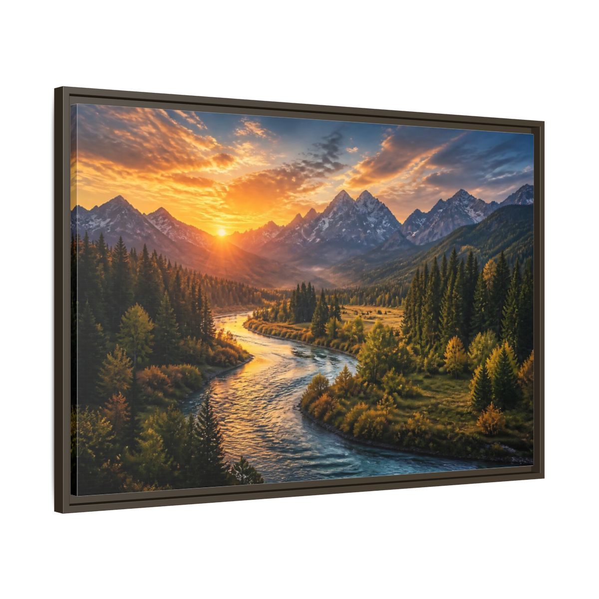 Main Mockup. Golden River At Sunrise shown as framed canvas print