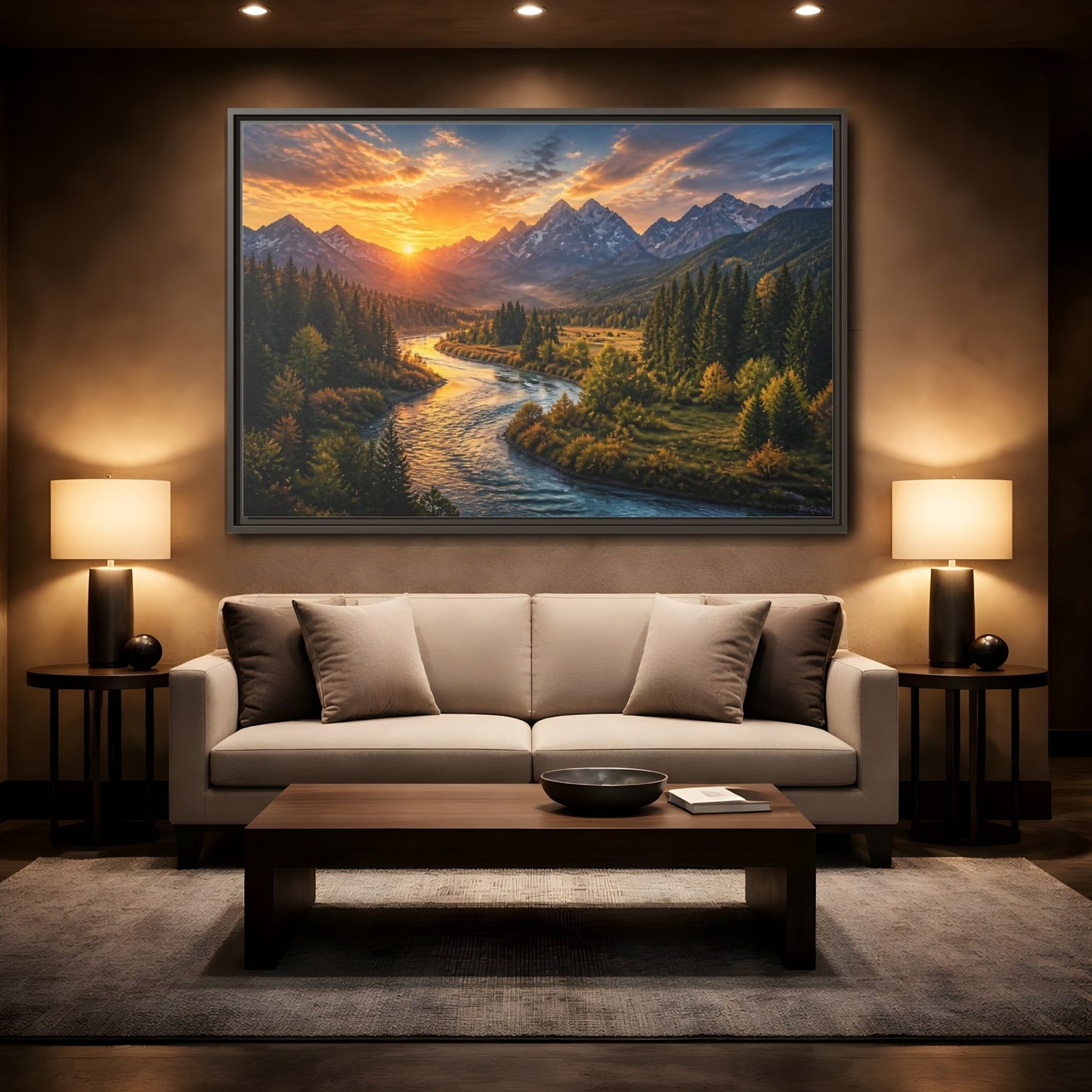Mockup 2. Golden River At Sunrise shown as framed canvas print