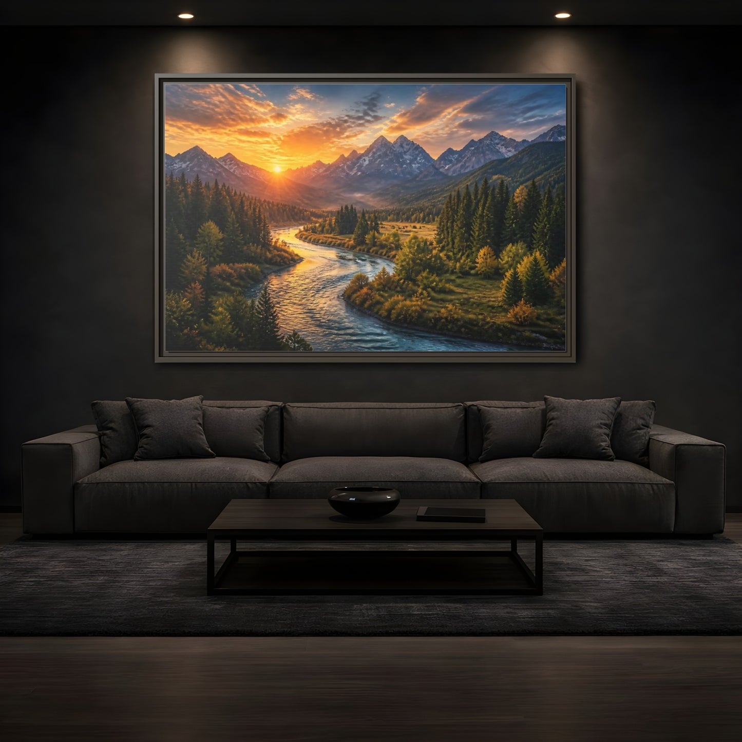 Mockup 3. Golden River At Sunrise shown as framed canvas print