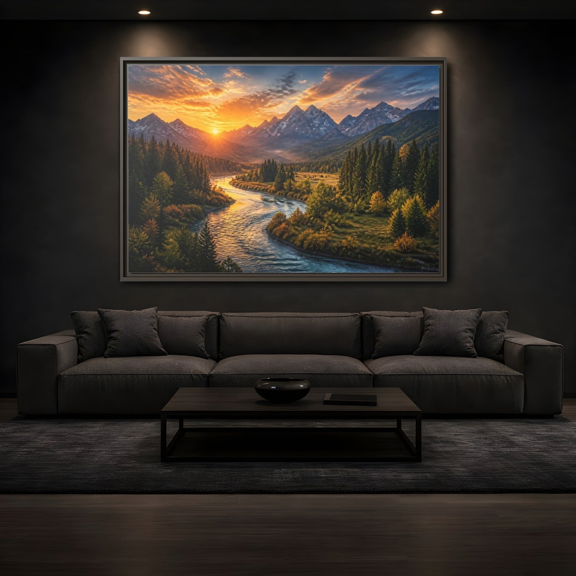 Mockup 3. Golden River At Sunrise shown as framed canvas print
