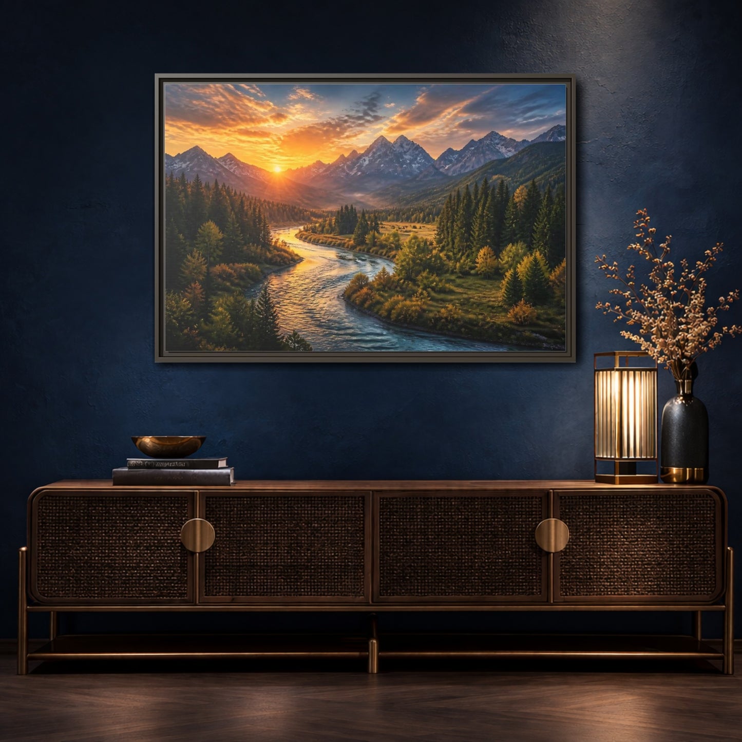 Mockup 4. Golden River At Sunrise shown as framed canvas print
