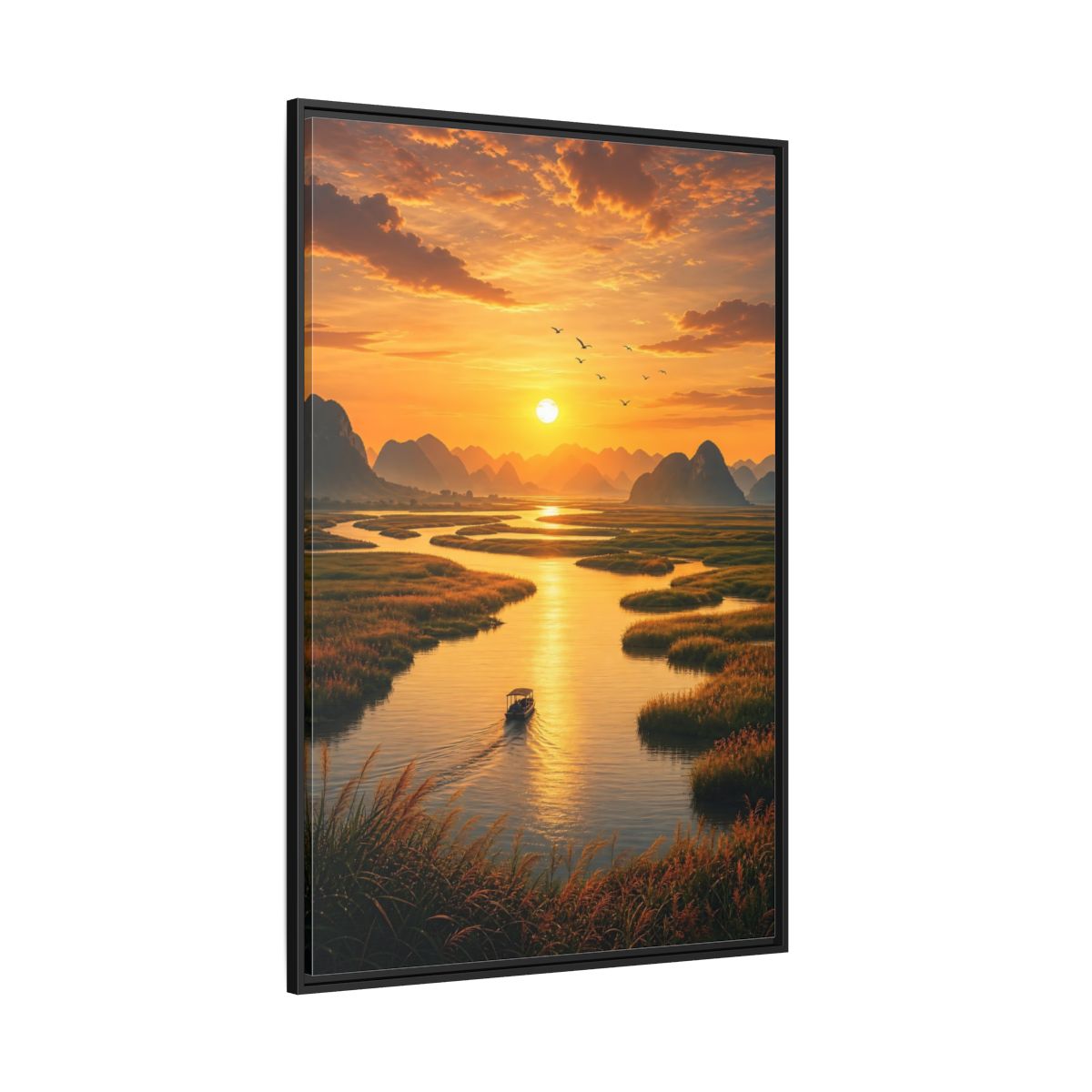Side Mockup 12. Golden River Sunset shown as framed canvas print