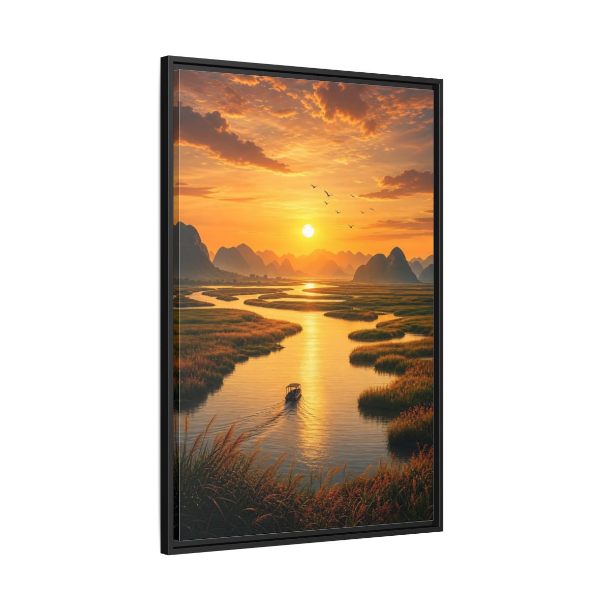Side Mockup 13. Golden River Sunset shown as framed canvas print