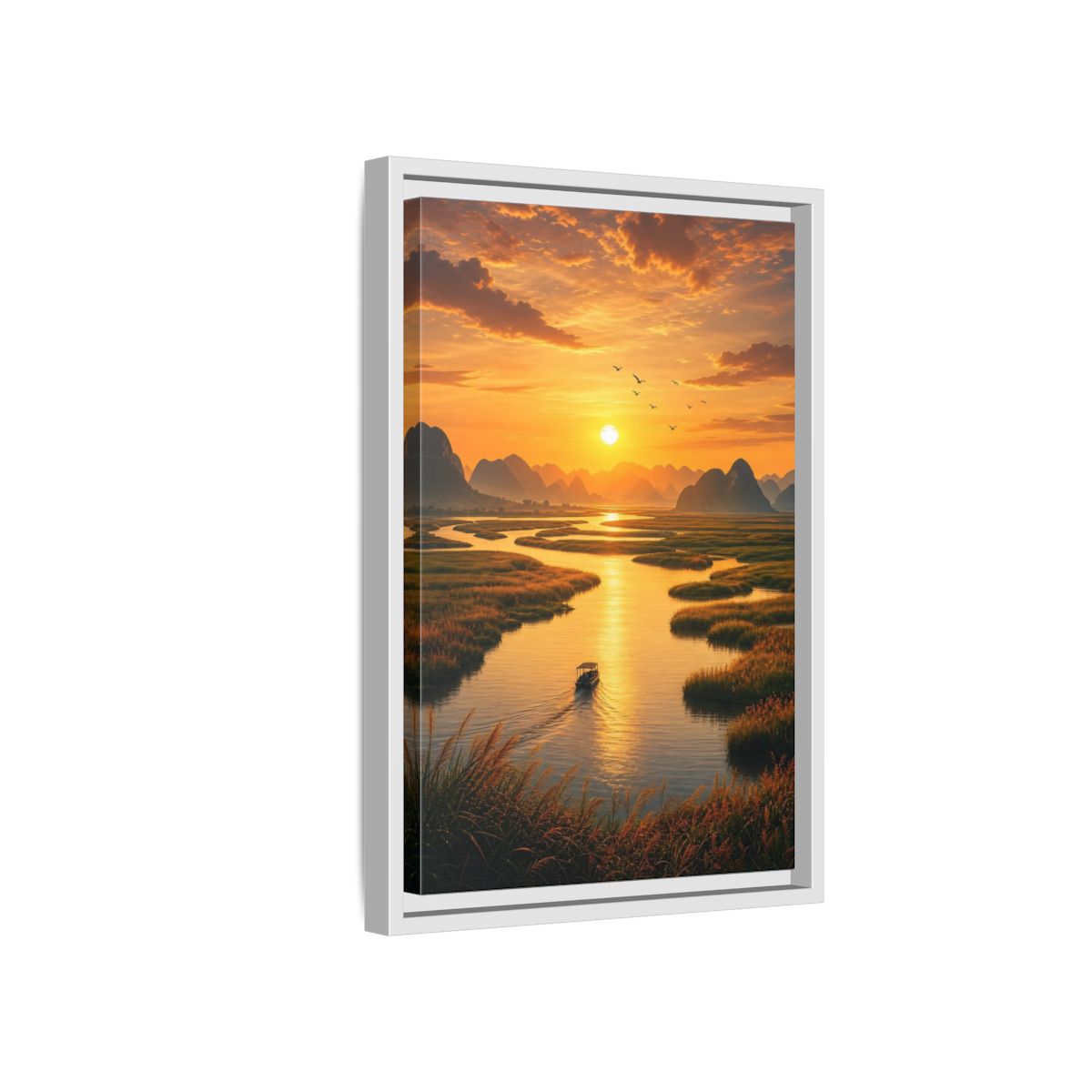 Side Mockup 4. Golden River Sunset shown as framed canvas print