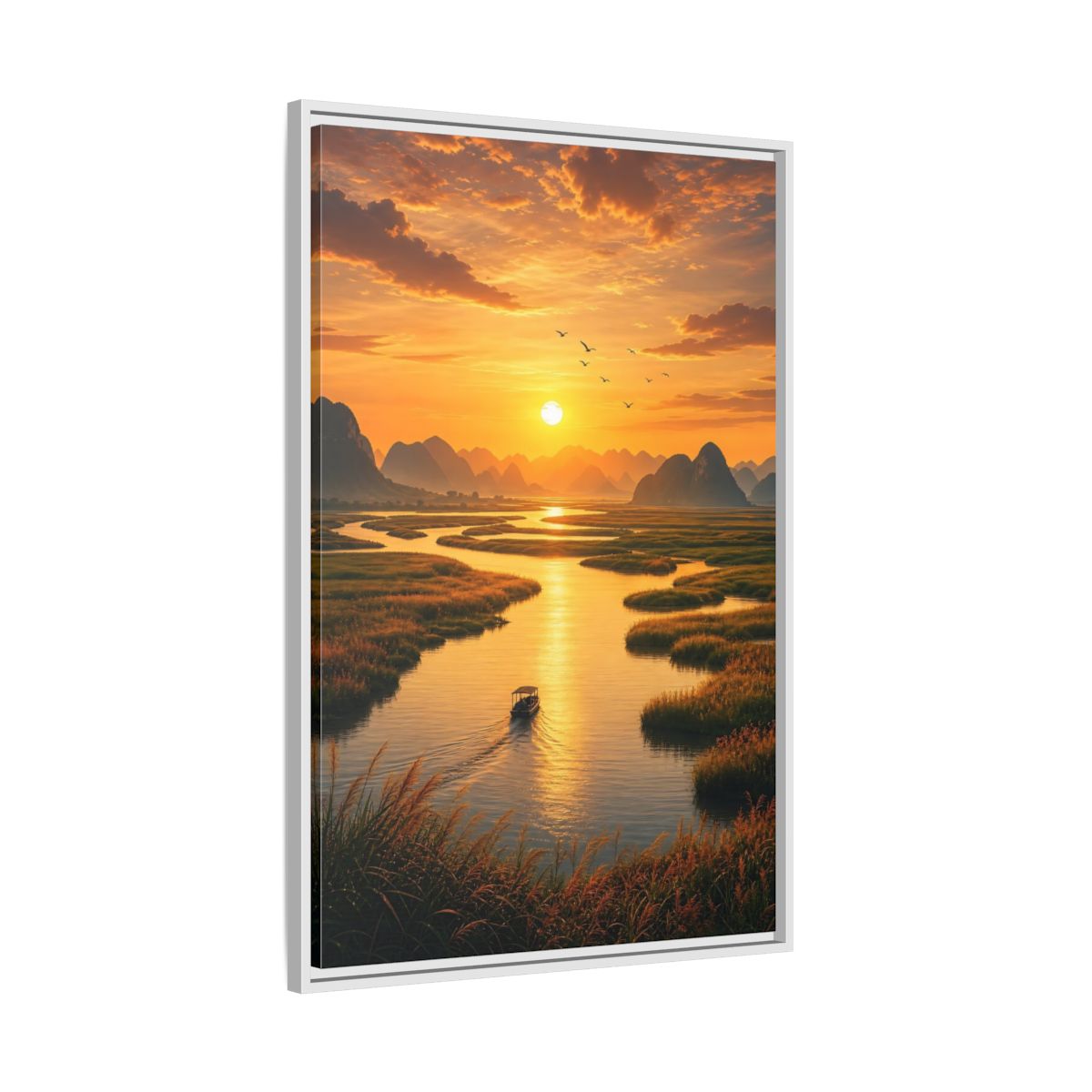 Side Mockup 9. Golden River Sunset shown as framed canvas print