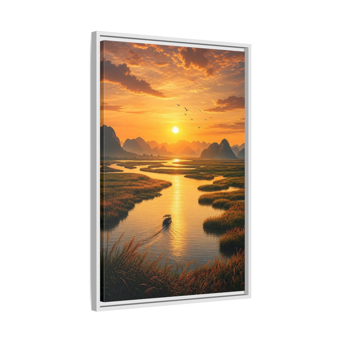 Side Mockup 10. Golden River Sunset shown as framed canvas print