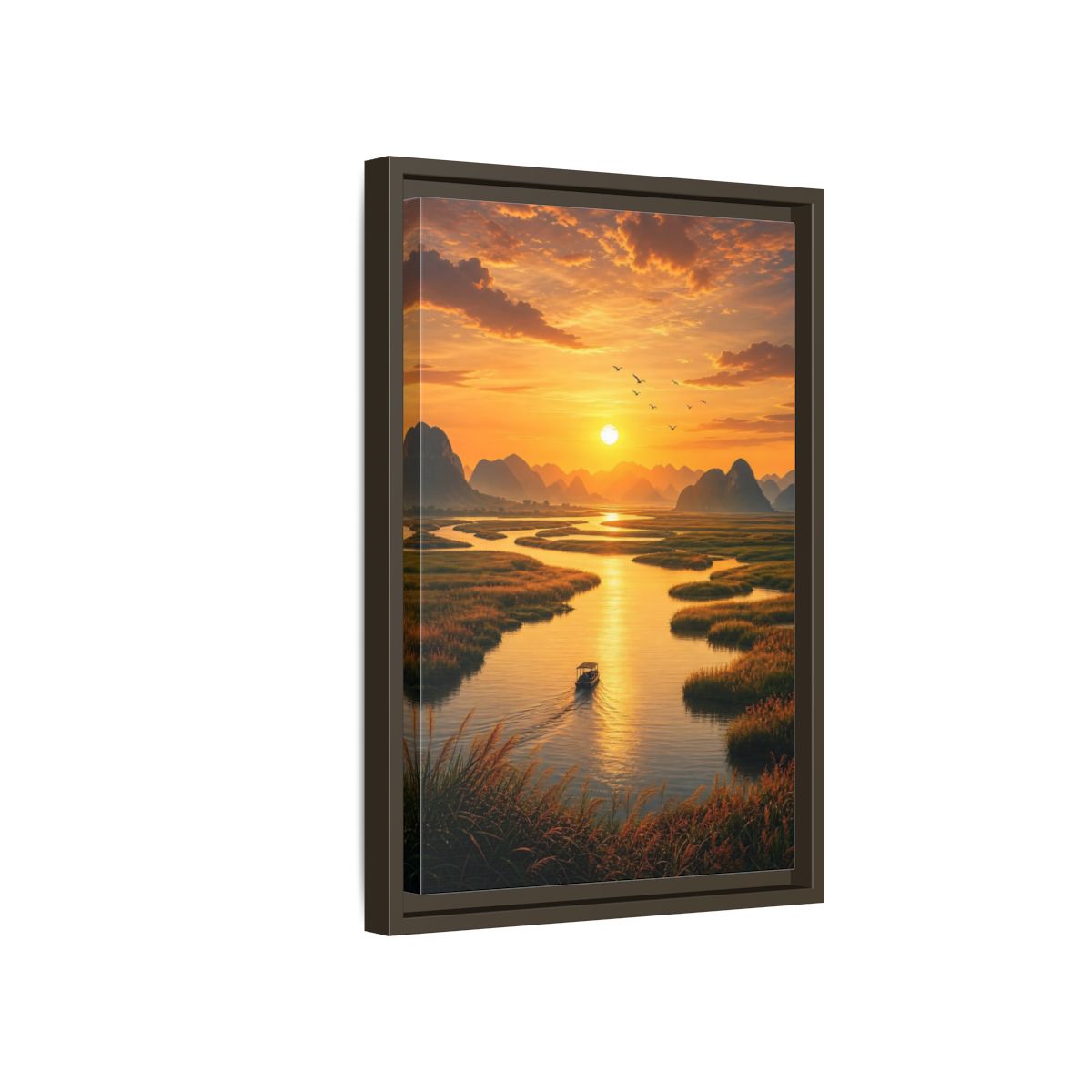 Side Mockup 5. Golden River Sunset shown as framed canvas print
