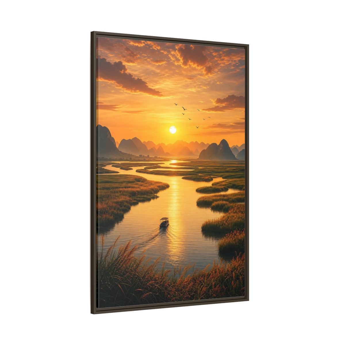 Side Mockup 8. Golden River Sunset shown as framed canvas print