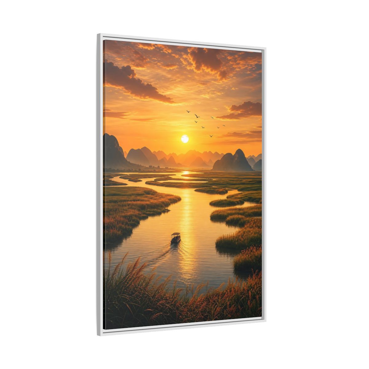 Side Mockup 7. Golden River Sunset shown as framed canvas print