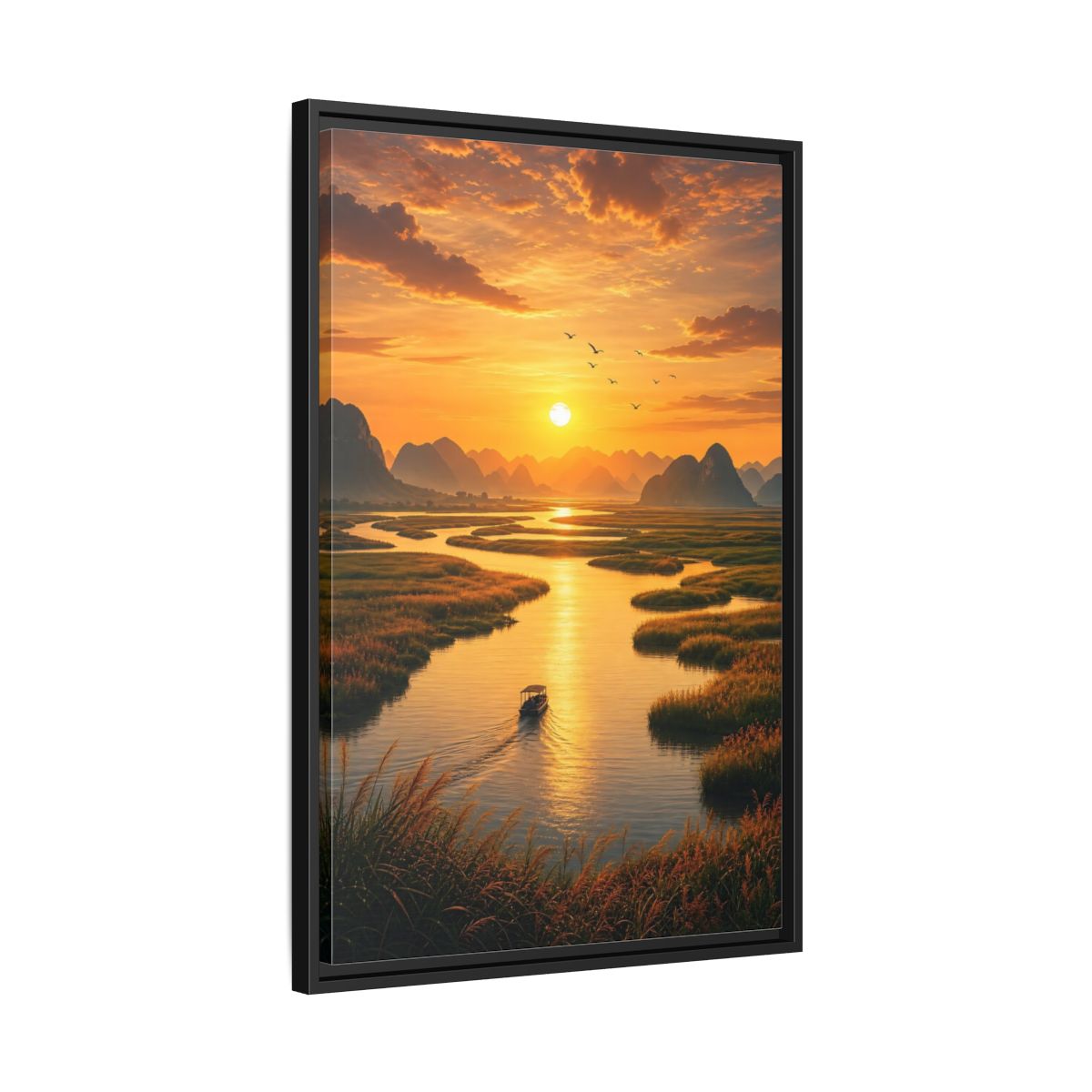 Side Mockup 14. Golden River Sunset shown as framed canvas print