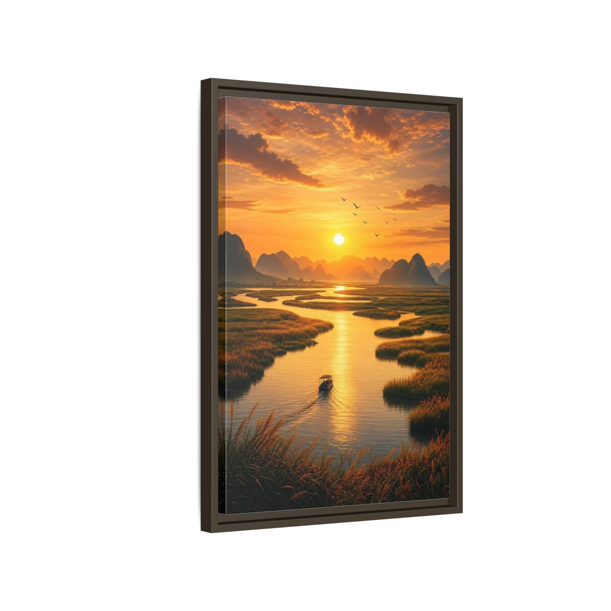 Side Mockup 2. Golden River Sunset shown as framed canvas print