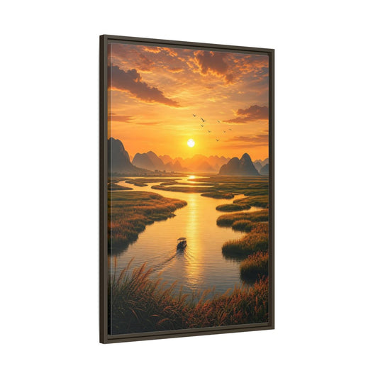 Main Mockup. Golden River Sunset shown as framed canvas print
