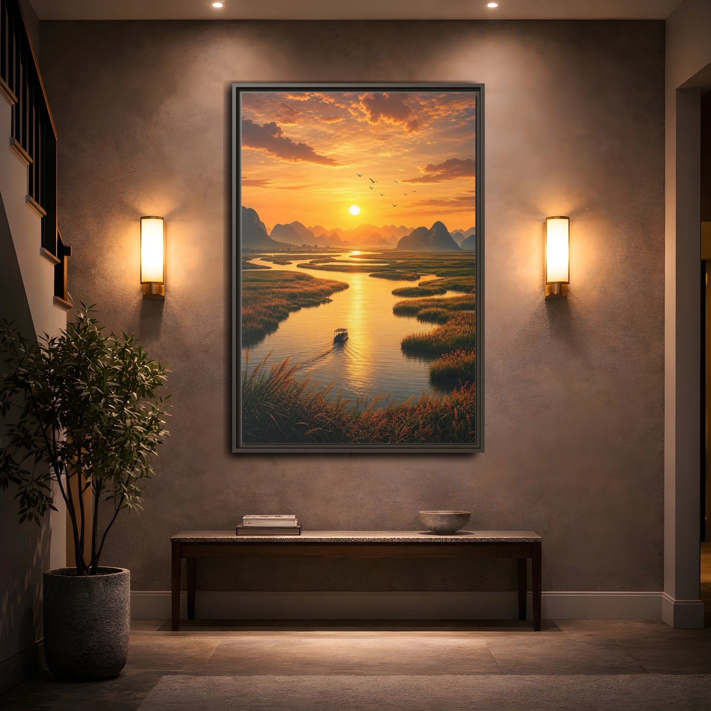 Mockup 2. Golden River Sunset shown as framed canvas print