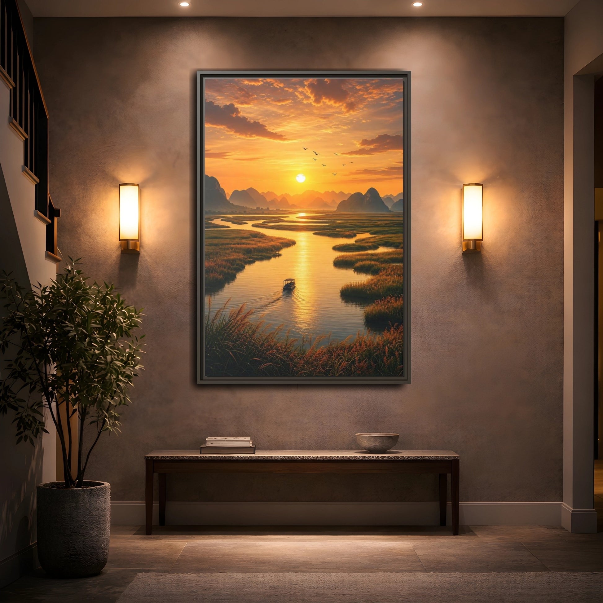 Mockup 2. Golden River Sunset shown as framed canvas print