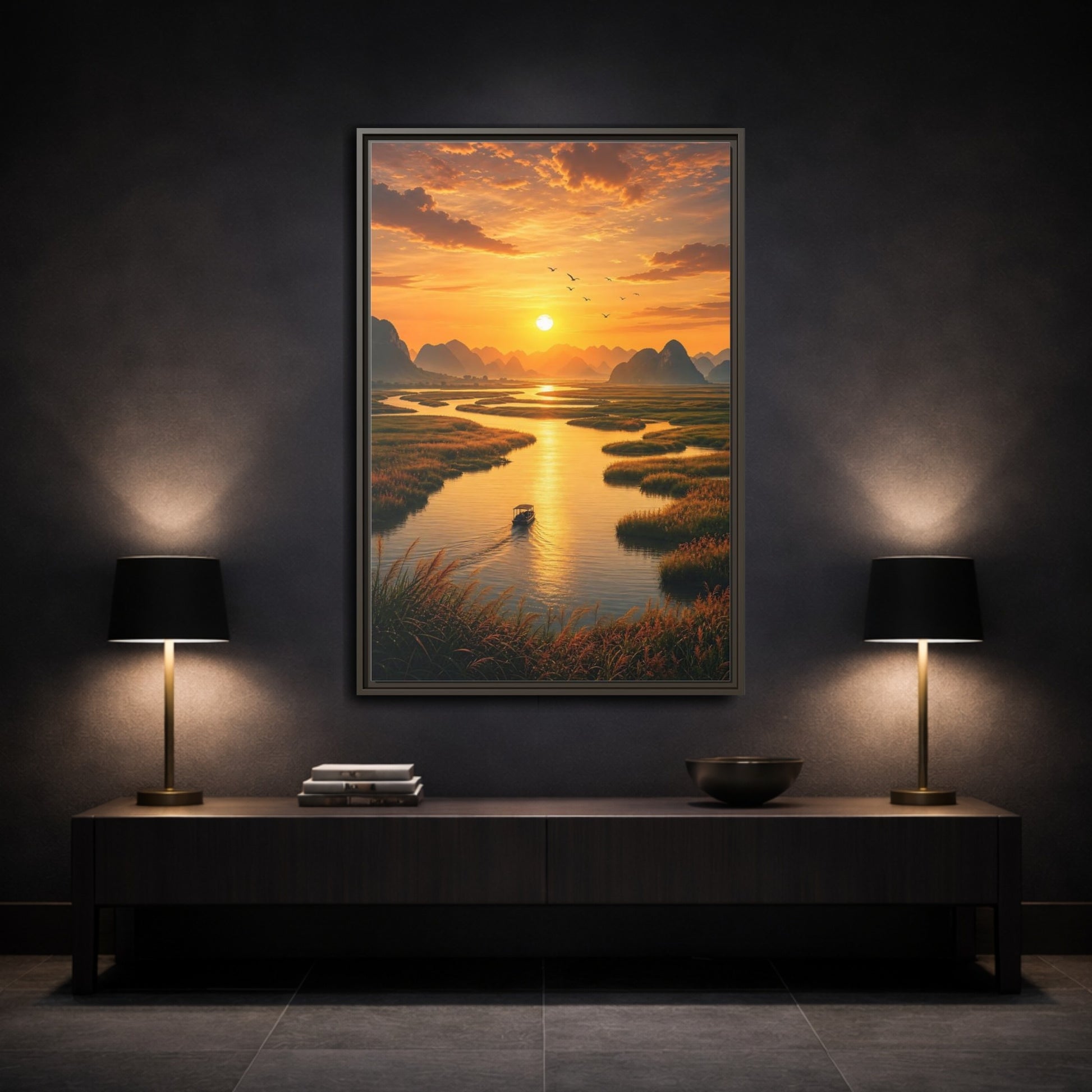Mockup 3. Golden River Sunset shown as framed canvas print