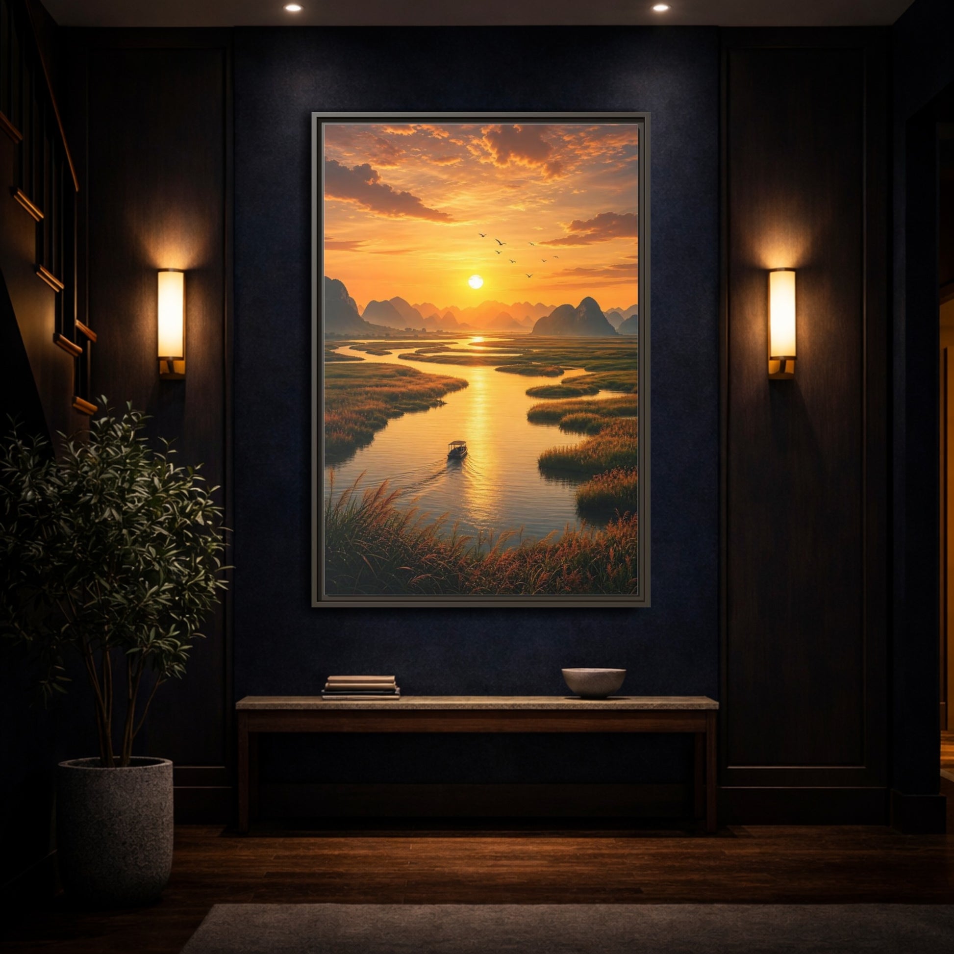 Mockup 4. Golden River Sunset shown as framed canvas print