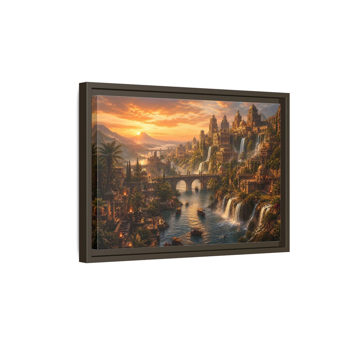 Side Mockup 5. Golden Riverside Citadel shown as framed canvas print