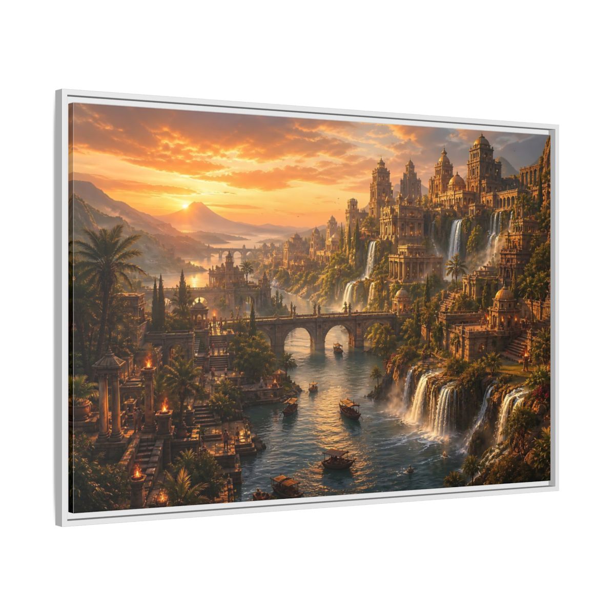 Side Mockup 7. Golden Riverside Citadel shown as framed canvas print