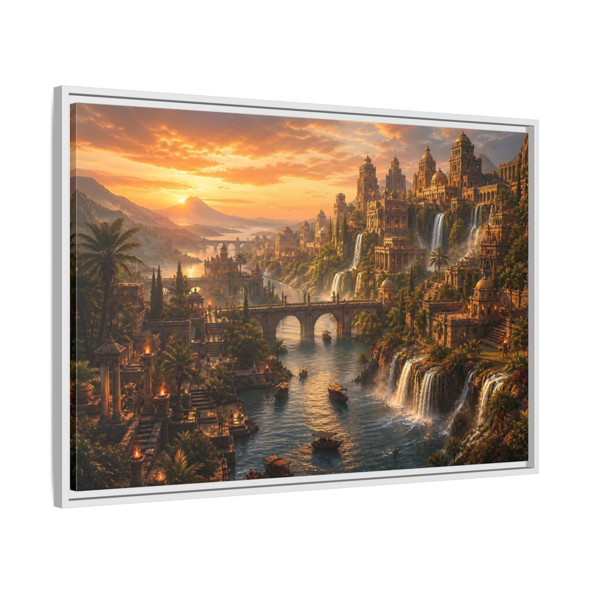 Side Mockup 9. Golden Riverside Citadel shown as framed canvas print