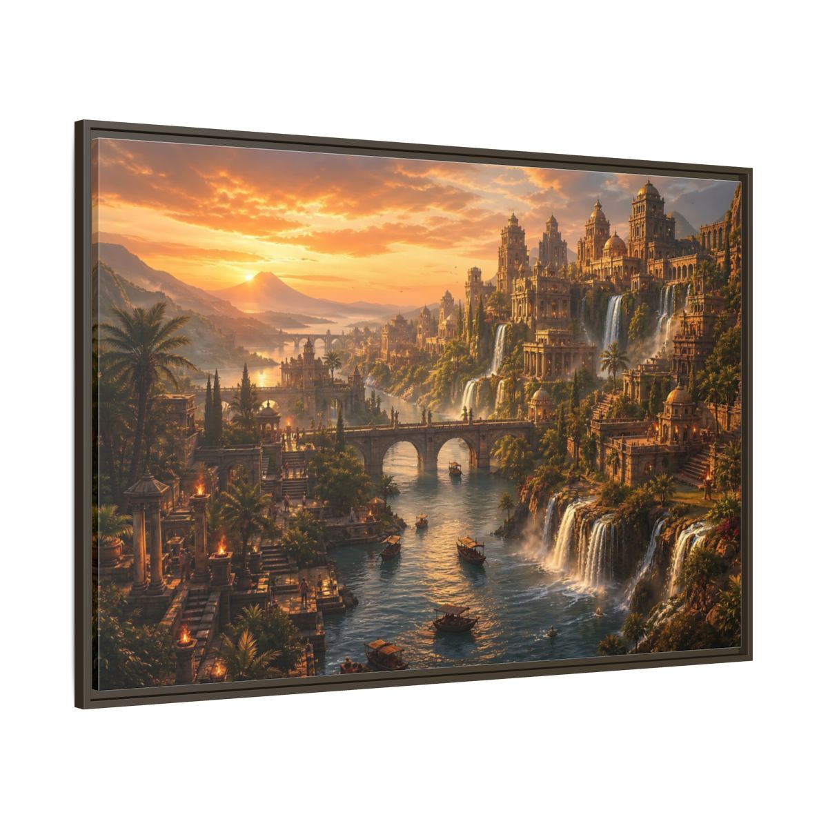 Side Mockup 8. Golden Riverside Citadel shown as framed canvas print