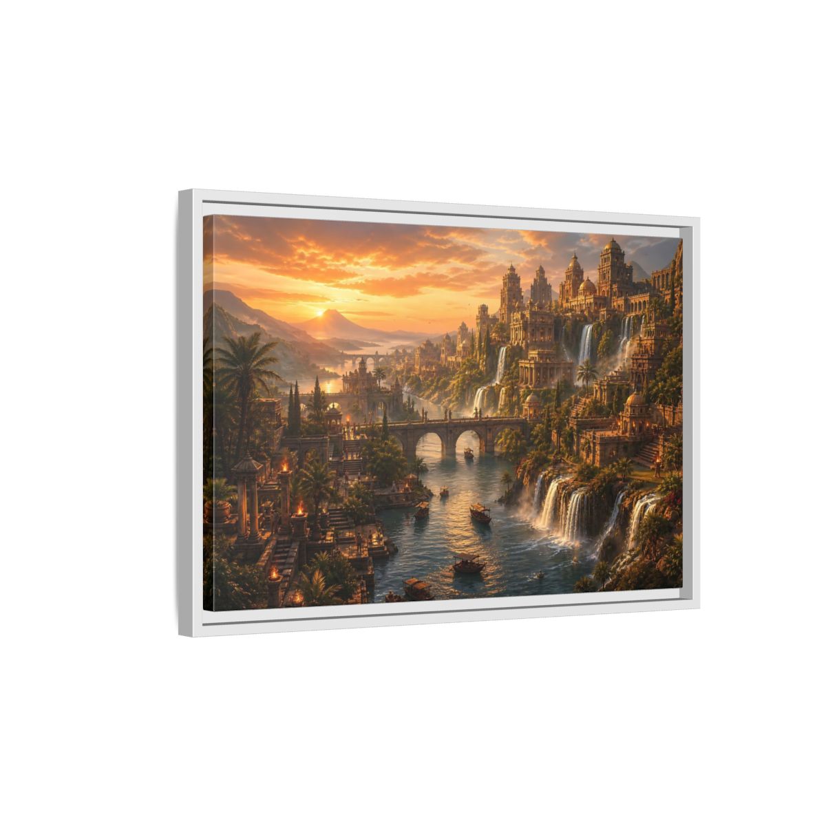 Side Mockup 1. Golden Riverside Citadel shown as framed canvas print
