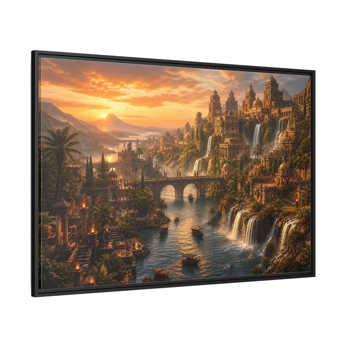 Side Mockup 12. Golden Riverside Citadel shown as framed canvas print