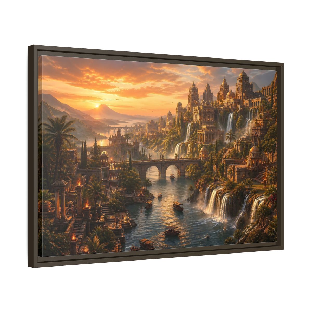 Side Mockup 11. Golden Riverside Citadel shown as framed canvas print