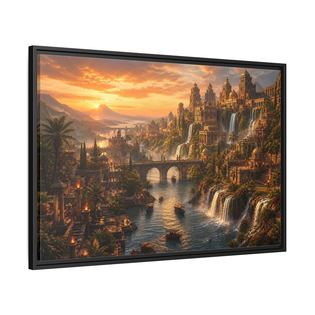 Side Mockup 13. Golden Riverside Citadel shown as framed canvas print