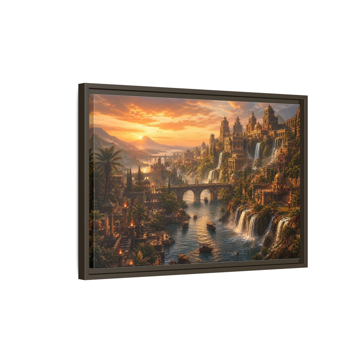 Side Mockup 2. Golden Riverside Citadel shown as framed canvas print