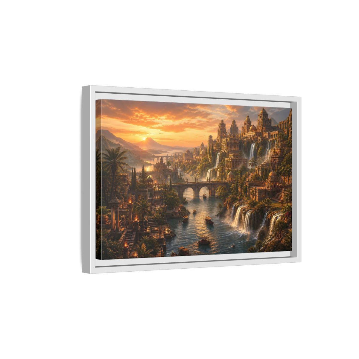 Side Mockup 4. Golden Riverside Citadel shown as framed canvas print