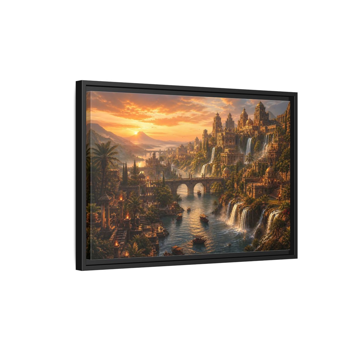 Side Mockup 3. Golden Riverside Citadel shown as framed canvas print