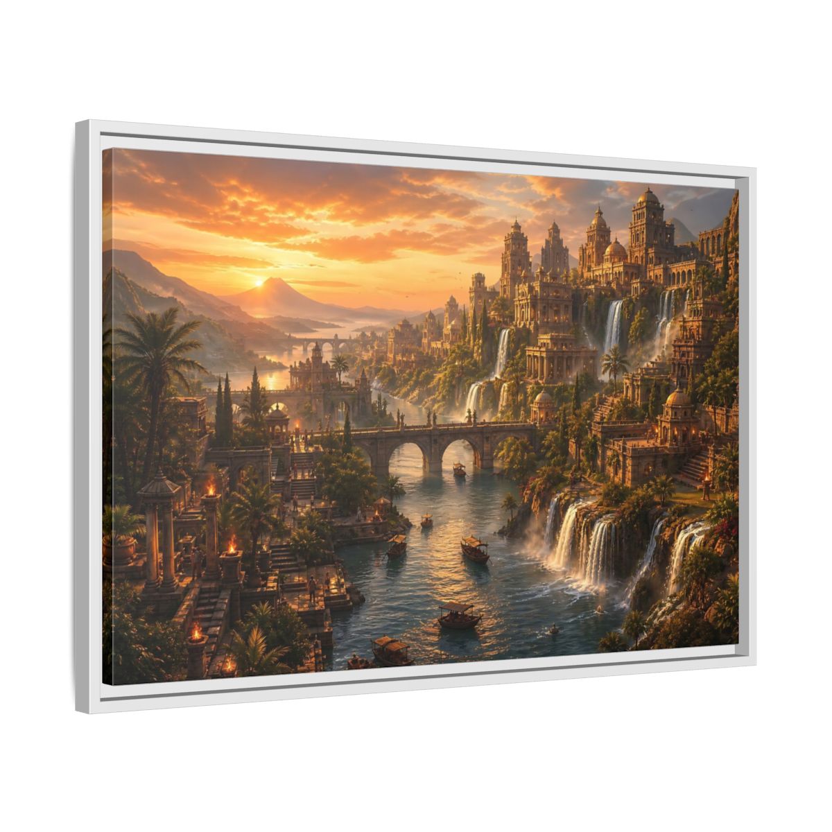 Side Mockup 10. Golden Riverside Citadel shown as framed canvas print