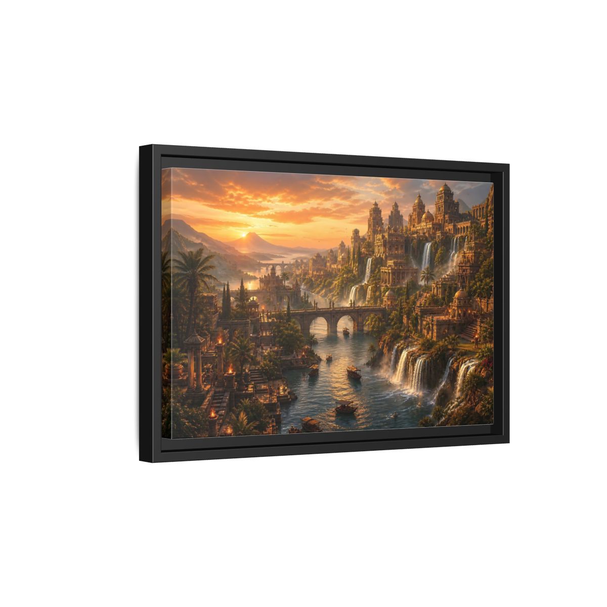 Side Mockup 6. Golden Riverside Citadel shown as framed canvas print