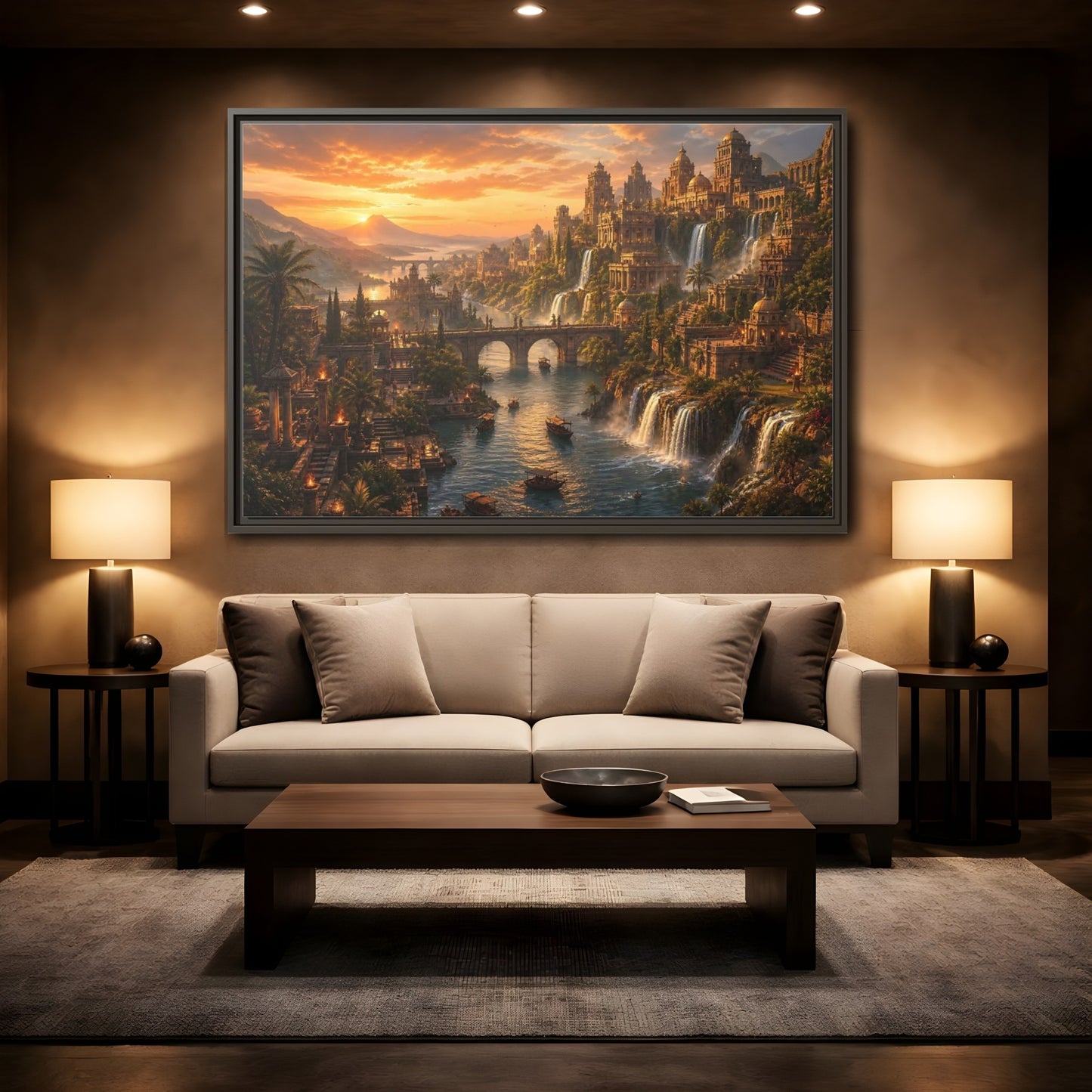 Mockup 2. Golden Riverside Citadel shown as framed canvas print