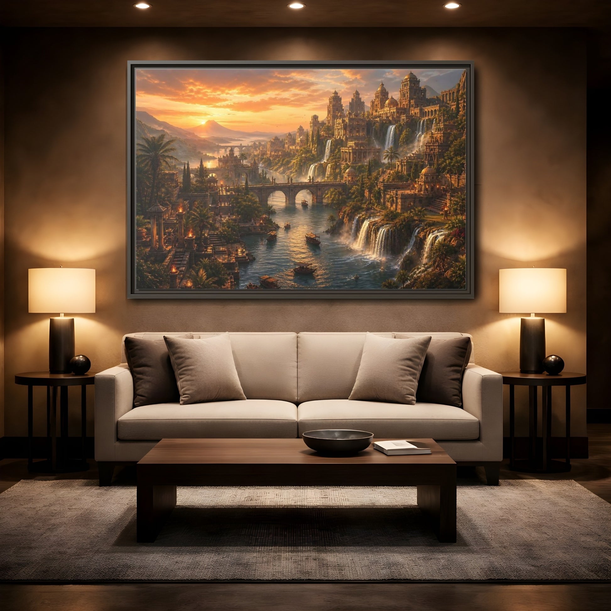 Mockup 2. Golden Riverside Citadel shown as framed canvas print