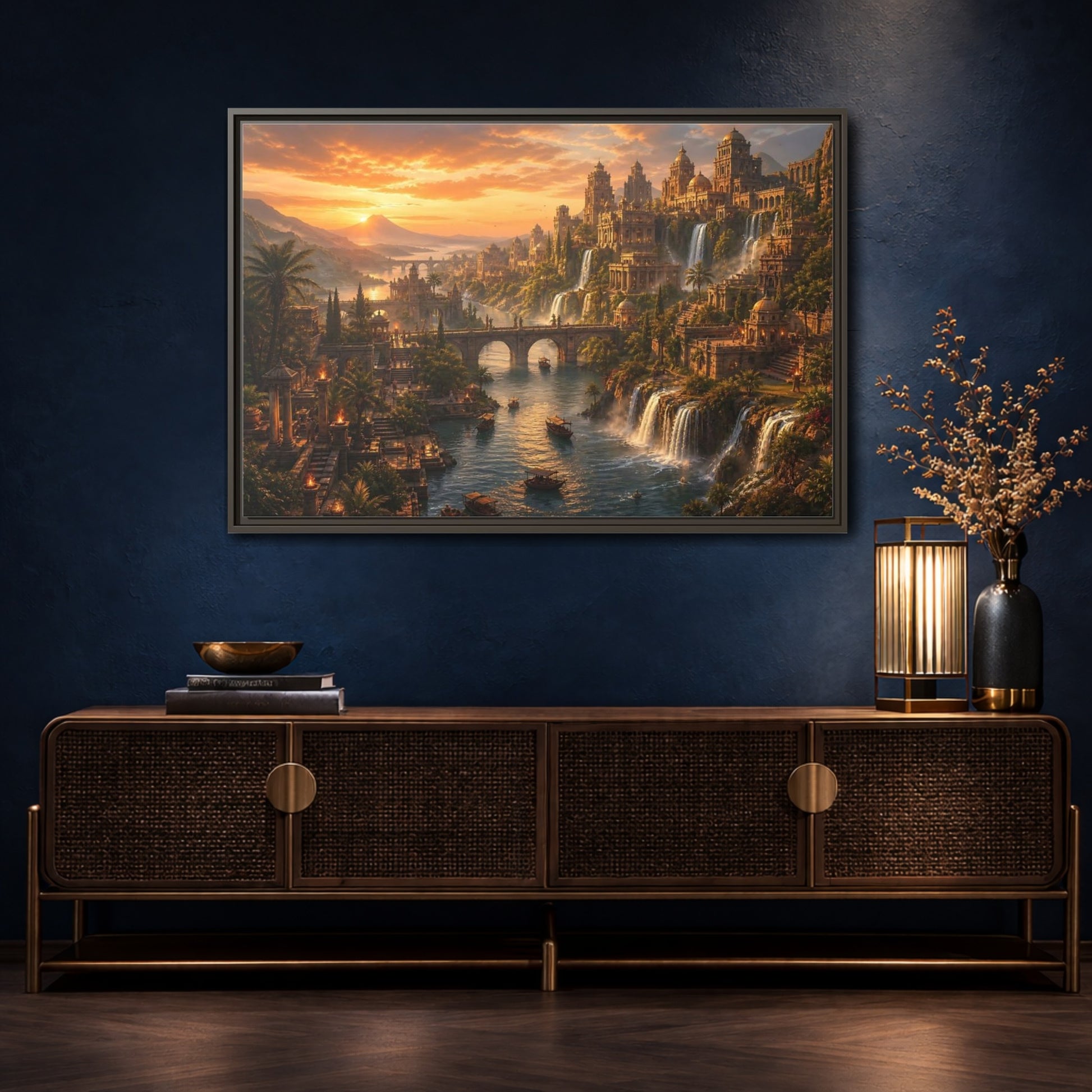 Mockup 4. Golden Riverside Citadel shown as framed canvas print
