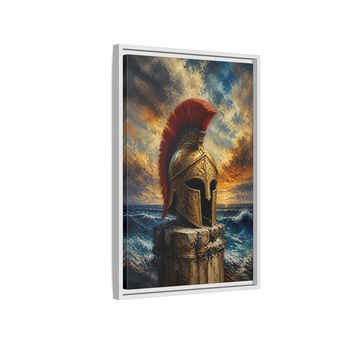 Side Mockup 1. Golden Roman Helmet At Sea shown as framed canvas print
