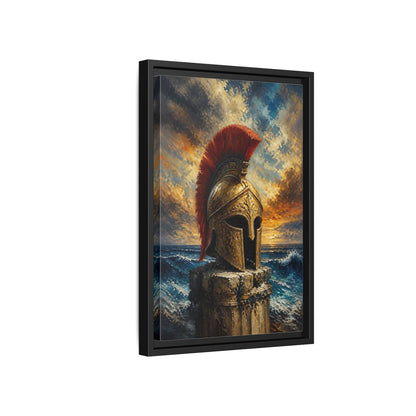 Side Mockup 6. Golden Roman Helmet At Sea shown as framed canvas print