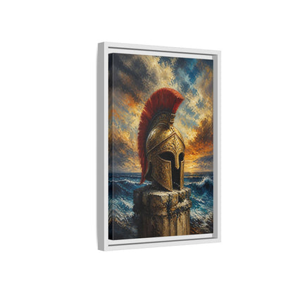Side Mockup 4. Golden Roman Helmet At Sea shown as framed canvas print