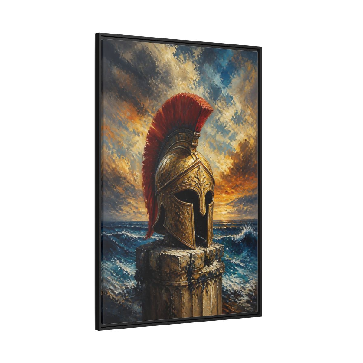 Side Mockup 12. Golden Roman Helmet At Sea shown as framed canvas print