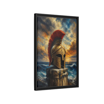 Side Mockup 3. Golden Roman Helmet At Sea shown as framed canvas print