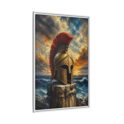 Side Mockup 9. Golden Roman Helmet At Sea shown as framed canvas print