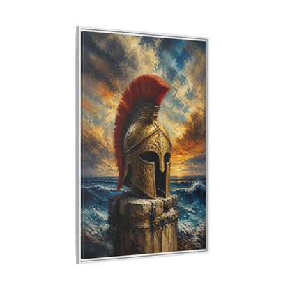 Side Mockup 7. Golden Roman Helmet At Sea shown as framed canvas print