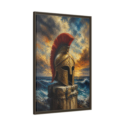 Main Mockup. Golden Roman Helmet At Sea shown as framed canvas print