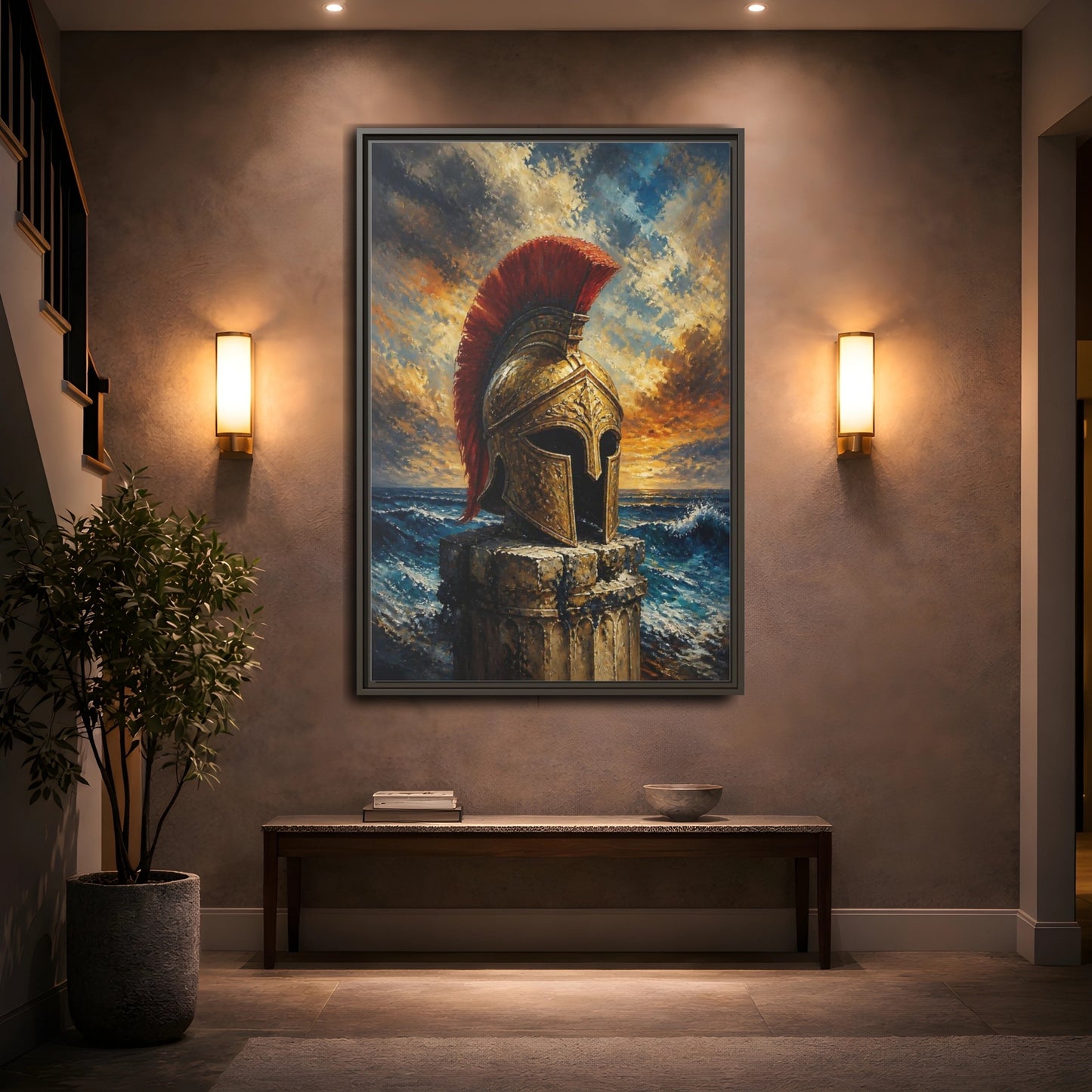 Mockup 2. Golden Roman Helmet At Sea shown as framed canvas print